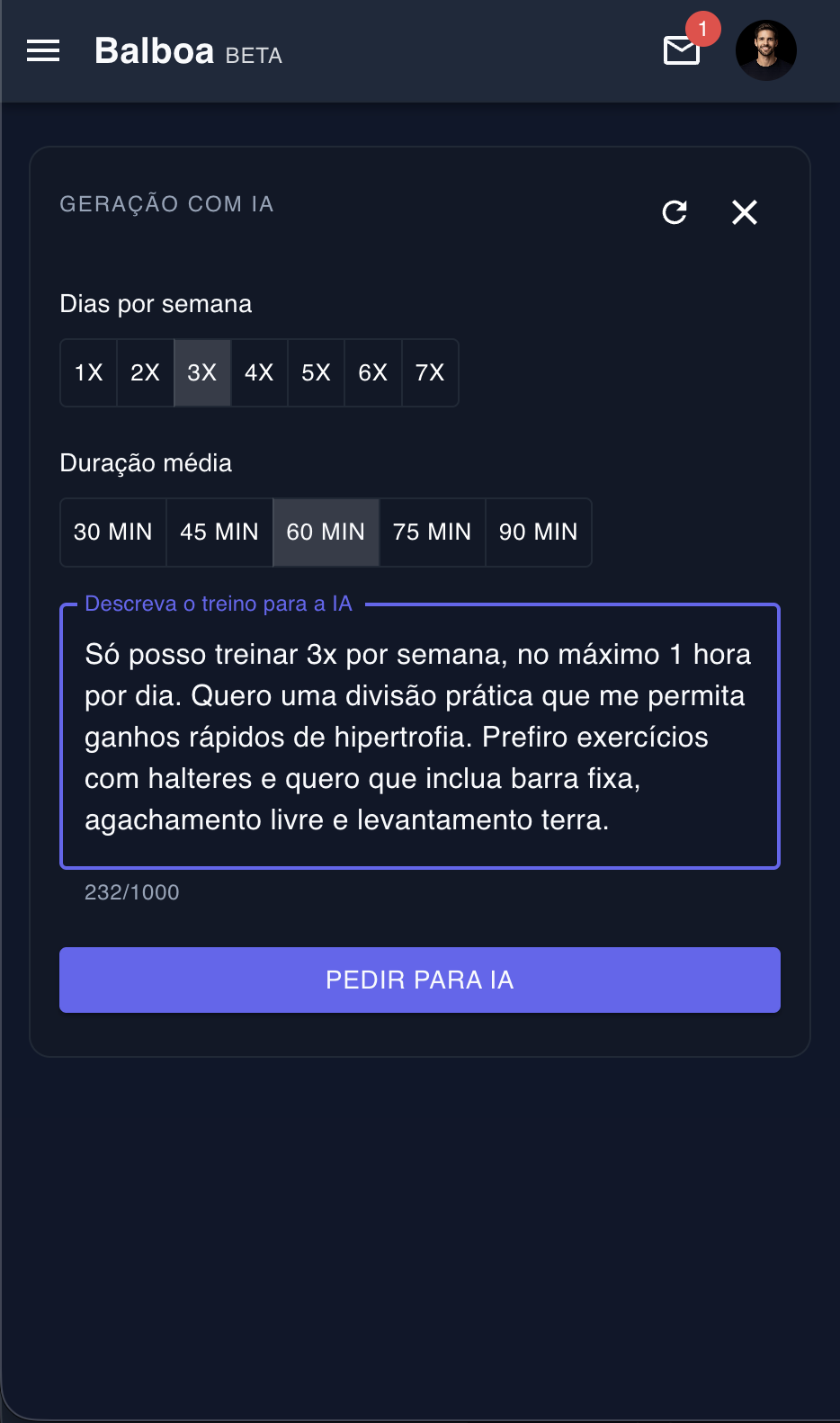 Criação de treino: manual ou por IA