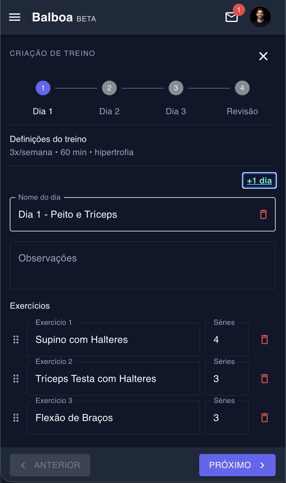 Wizard: edição do dia do treino
